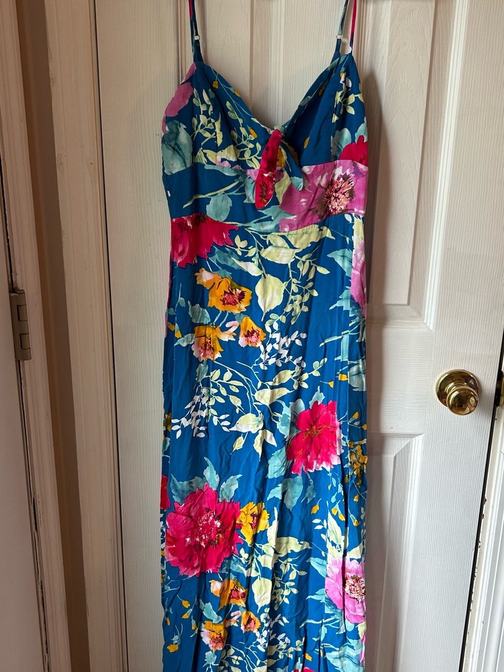 Lulu's Teal Blue Floral Slip Dress with Pink & Yellow Accents